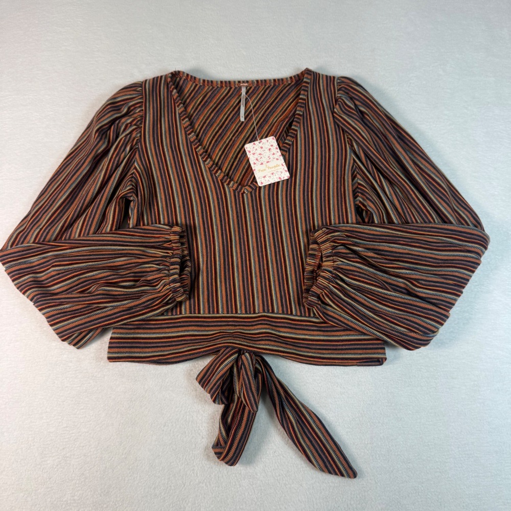 Free People Navy Combo Striped Wrap Top Womens Small Ribbed Balloon Sleeve Boho
